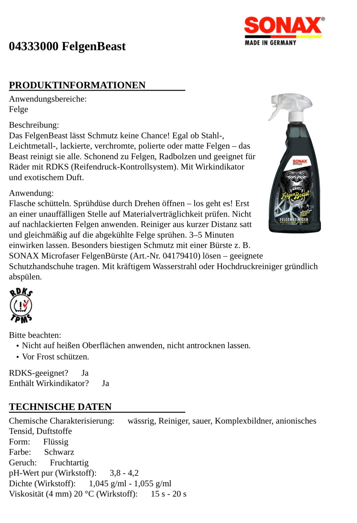 Sonax FelgenBeast Felgenreiniger 1L säurefrei für Stahlfelgen & Alufelgen RDKS